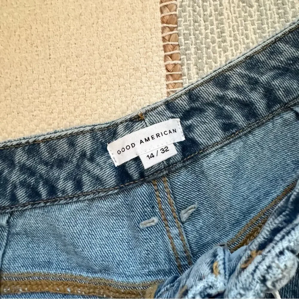 Good American 90’s Duster Blue 950 Straight Leg Distressed High Rise Jeans 14/32 - Picture 7 of 8